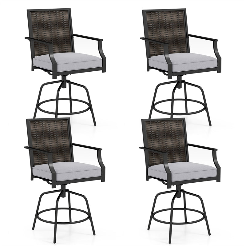 Outdoor PE Wicker Swivel Bar Stools Set of 2, Metal Frame Counter Height Patio Chairs with Back & Cushions for Patio, Garden, Deck