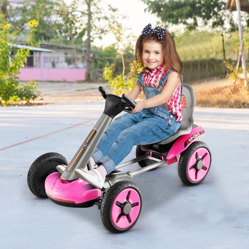4-Wheel Folding Pedal Go Kart for Kids with 2-Position Adjustable Steering Wheel & Seat, 12V Battery Powered Ride On Pedal Car Toy