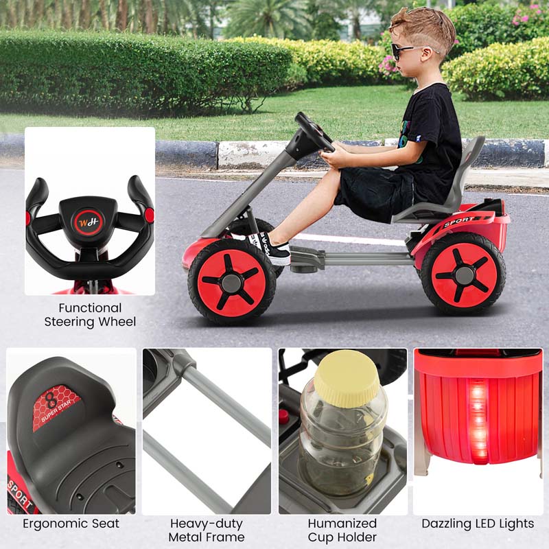 4-Wheel Folding Pedal Go Kart for Kids with 2-Position Adjustable Steering Wheel & Seat, 12V Battery Powered Ride On Pedal Car Toy