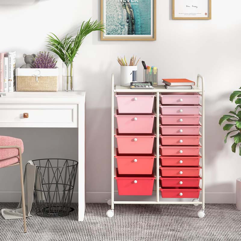 15-Drawer Storage Drawer Cart Tools Scrapbook Paper Organizer Cart Office School Utility Cart Rolling Storage Cart with Wheels