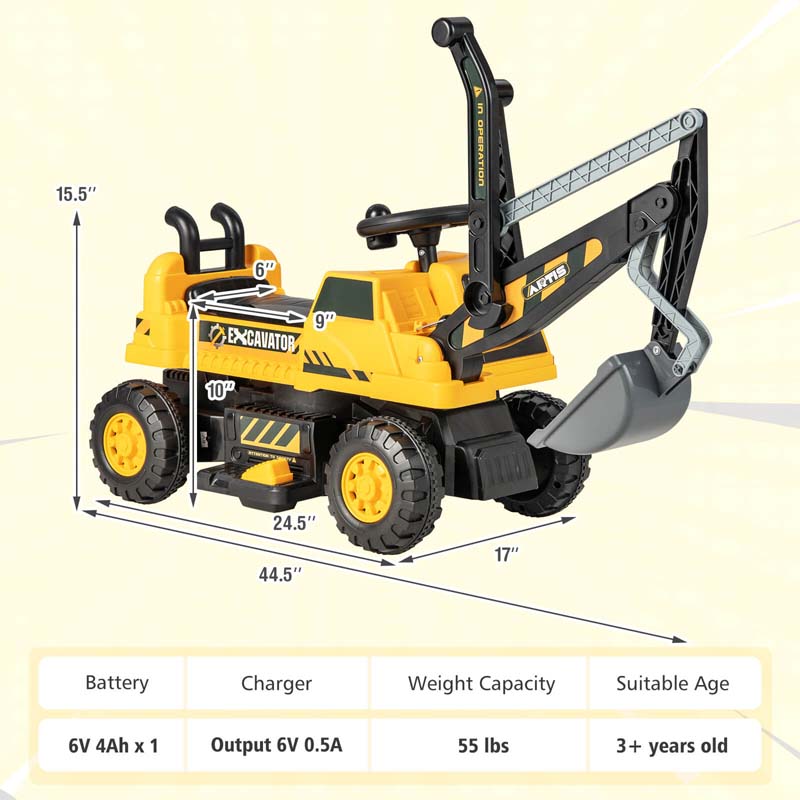 6V Battery Powered Kids Ride On Excavator Bulldozer Loader Toy Car with Front Digger Shovel, Electric Construction Vehicle for Kids