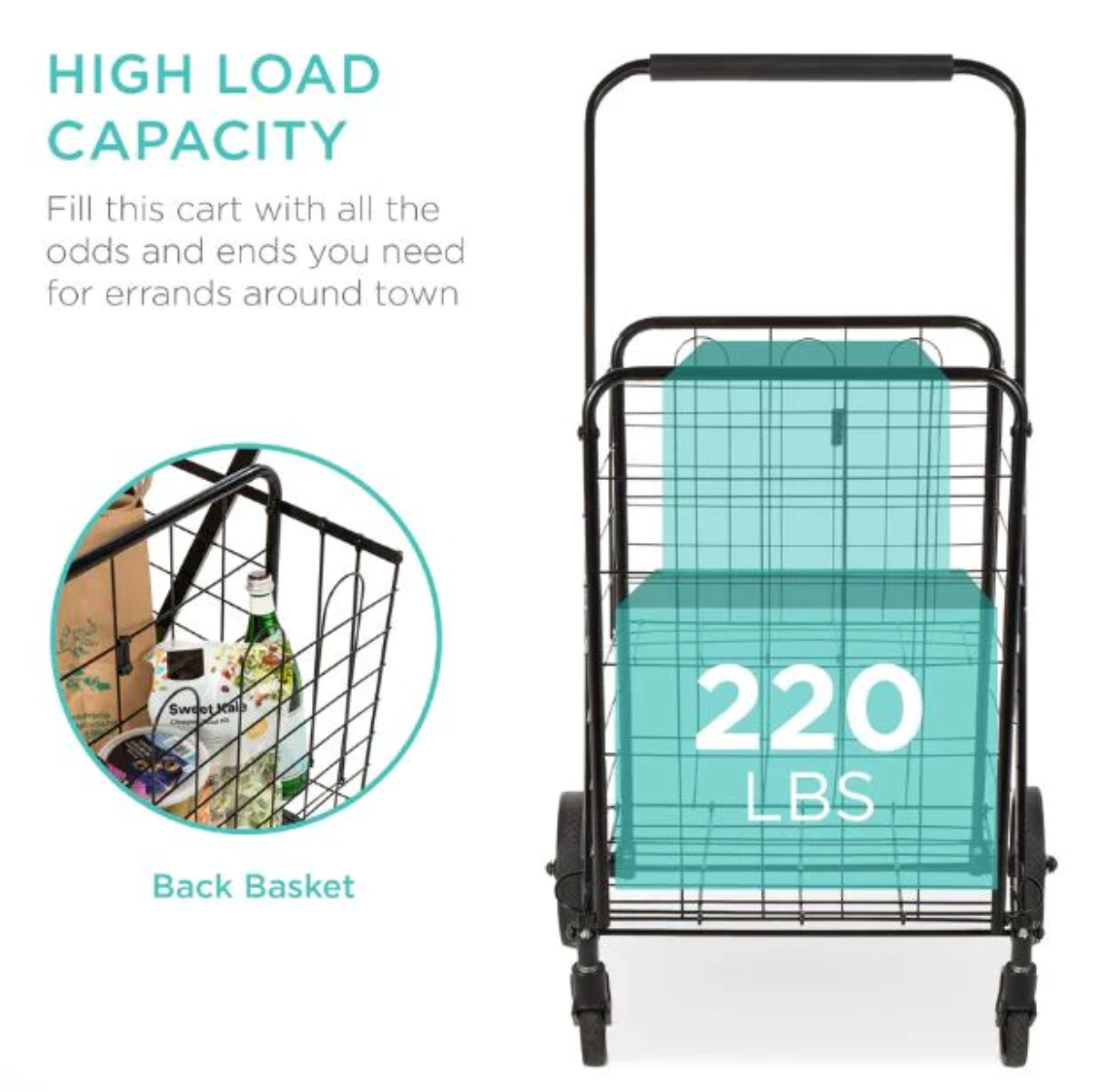 Folding Steel Grocery Cart w/ Double Basket, Swivel Wheels, 220lb Cap