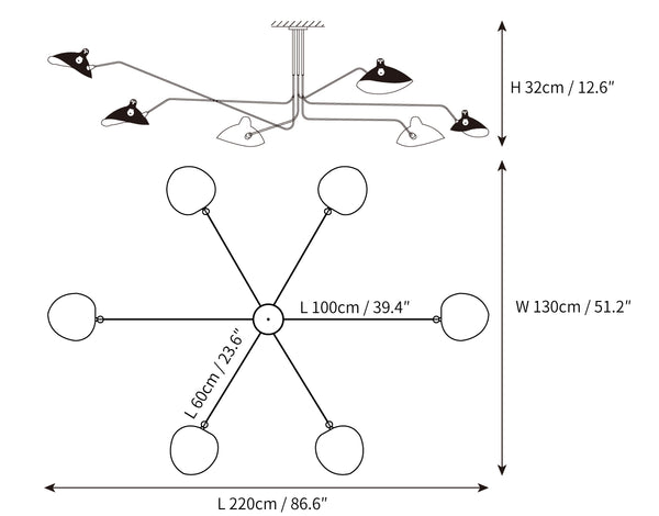 LED Ceiling Light Fixture - Serge Mouille Style - Adjustable Arm Design for Living Room & Modern Spaces