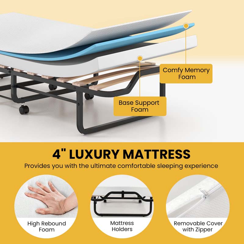 78.5" x 31" Folding Bed with 4" Memory Foam Mattress & Lockable Wheels, Portable Cot Size Rollaway Guest Bed for Adult