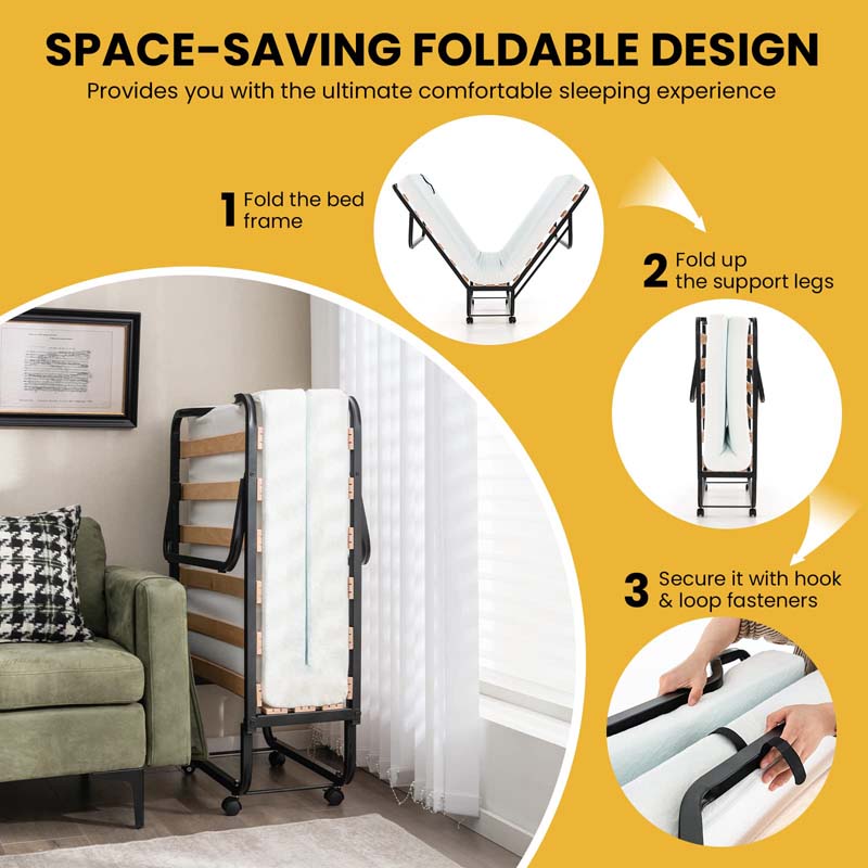 78.5" x 31" Folding Bed with 4" Memory Foam Mattress & Lockable Wheels, Portable Cot Size Rollaway Guest Bed for Adult