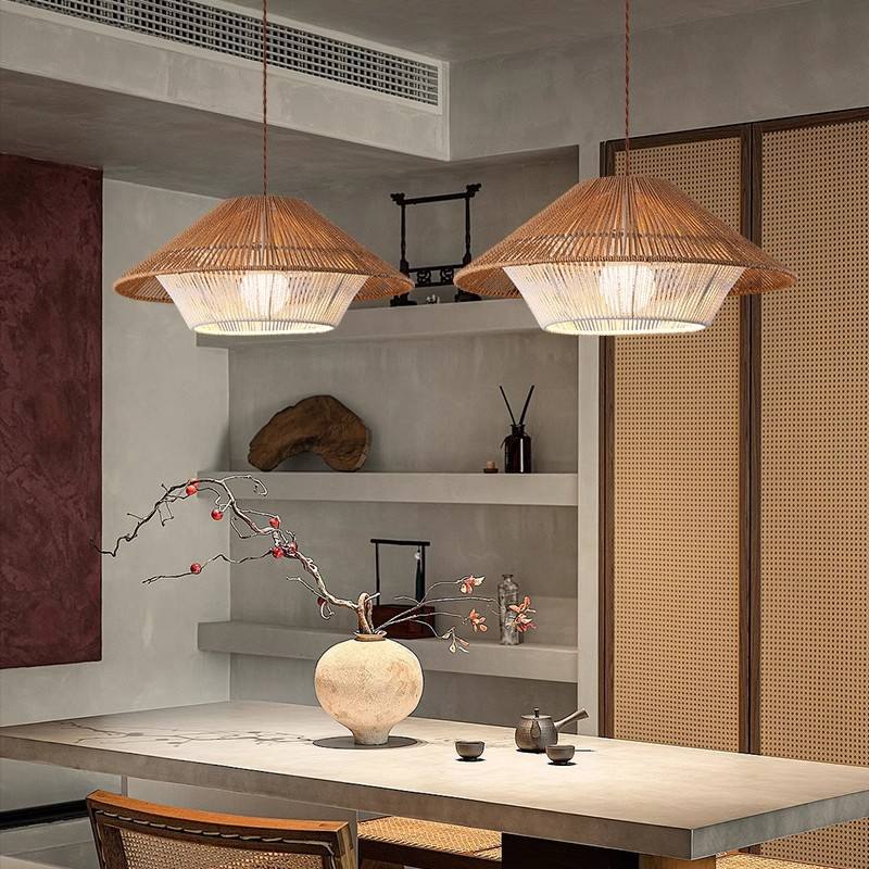 Wicker Japanese Pendant Light Fixture for Bohemian Home Decor & Dining Room Lighting