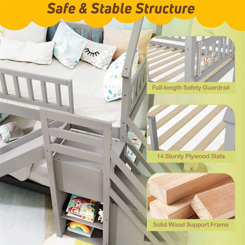 Twin Over Twin Bunk Bed House Design with Slide, Staircases & Storage Compartments, No Box Spring Needed, Wood Twin Floor Bed for Kids Teens