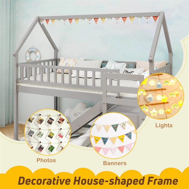 Twin Over Twin Bunk Bed House Design with Slide, Staircases & Storage Compartments, No Box Spring Needed, Wood Twin Floor Bed for Kids Teens