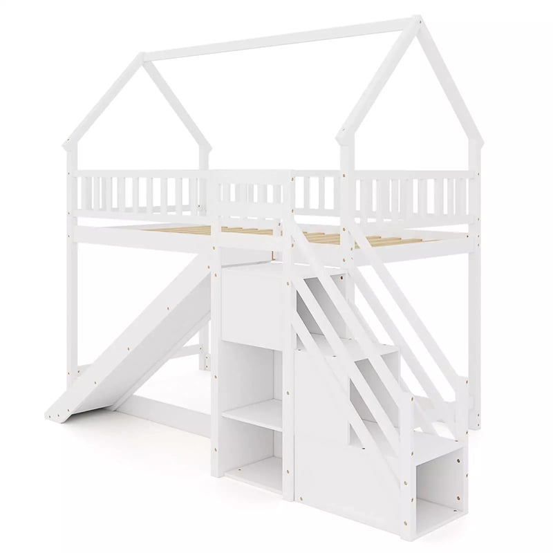Twin Over Twin Bunk Bed House Design with Slide, Staircases & Storage Compartments, No Box Spring Needed, Wood Twin Floor Bed for Kids Teens