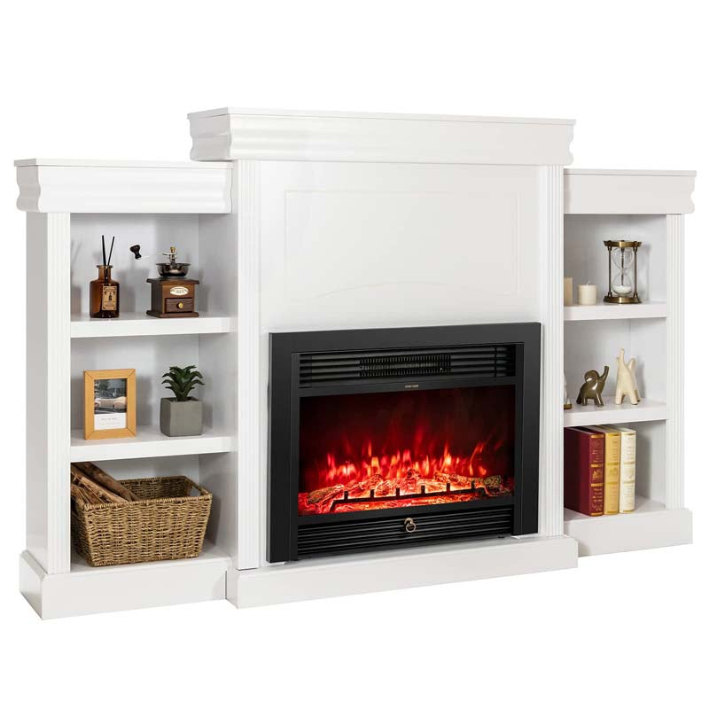 70" Mantel Fireplace TV Stand with 28.5" 750W/1500W Electric Fireplace Insert, Modern Media Fireplace Cabinet Built-in 6 Storage Shelves
