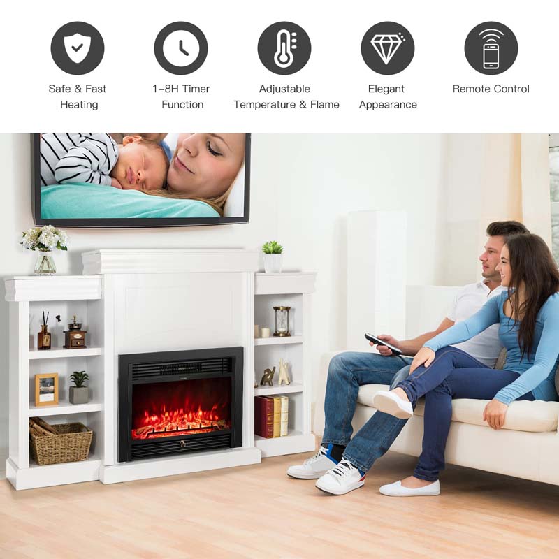 70" Mantel Fireplace TV Stand with 28.5" 750W/1500W Electric Fireplace Insert, Modern Media Fireplace Cabinet Built-in 6 Storage Shelves