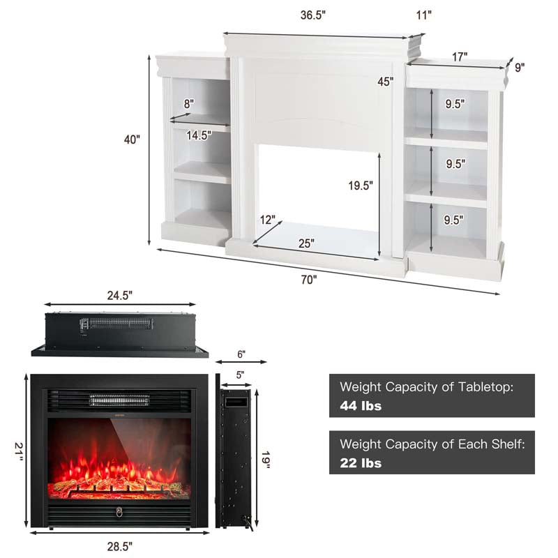 70" Mantel Fireplace TV Stand with 28.5" 750W/1500W Electric Fireplace Insert, Modern Media Fireplace Cabinet Built-in 6 Storage Shelves