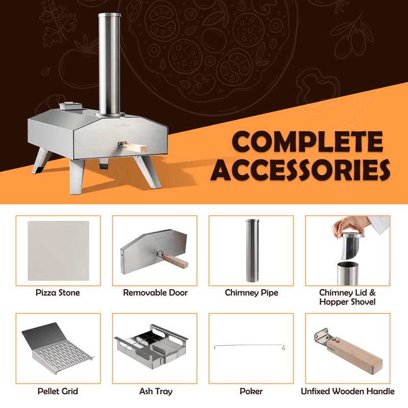 Wood Pellet Fired Outdoor Pizza Oven with 12'' Pizza Ston & Foldable Legs, Portable Stainless Steel Pizza Maker for Camping Picnic