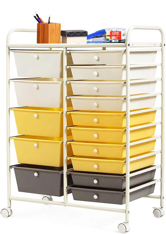 15-Drawer Storage Drawer Cart Tools Scrapbook Paper Organizer Cart Office School Utility Cart Rolling Storage Cart with Wheels