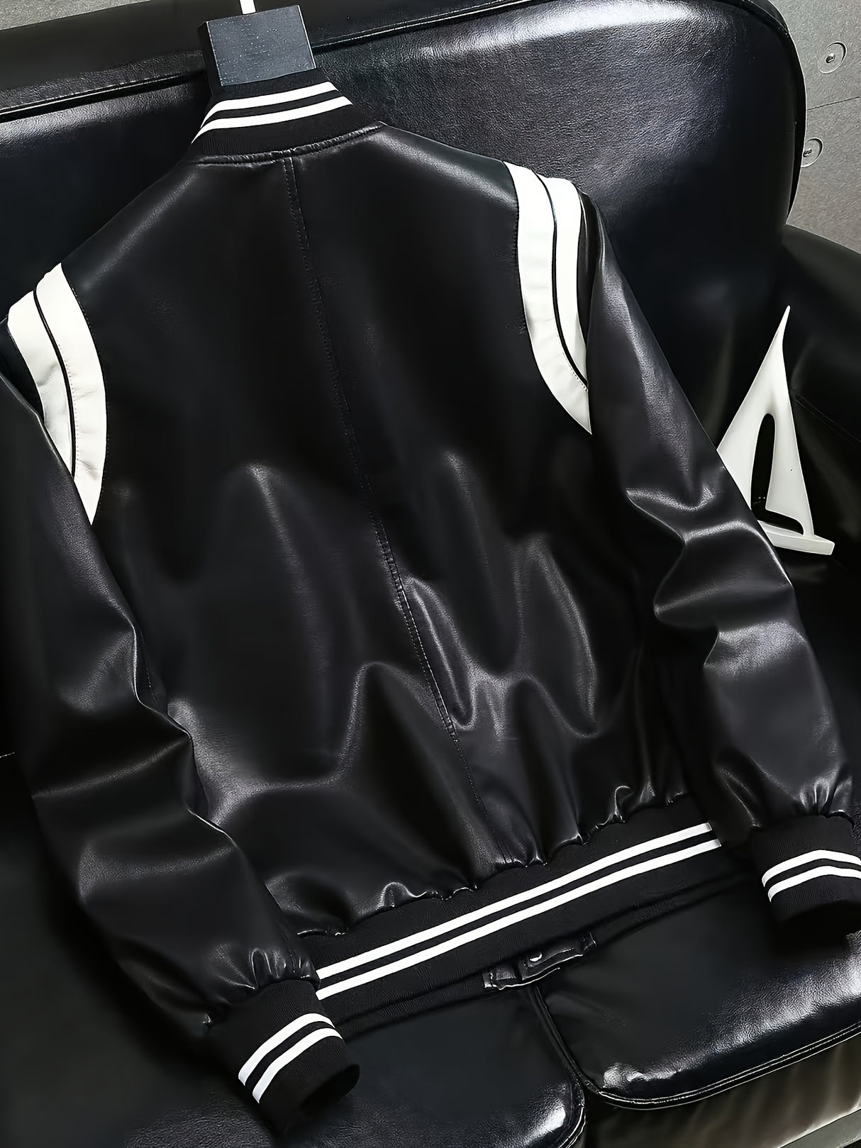 Men’s Leather Motorcycle Jacket – Color Block Stand Collar Baseball Coat