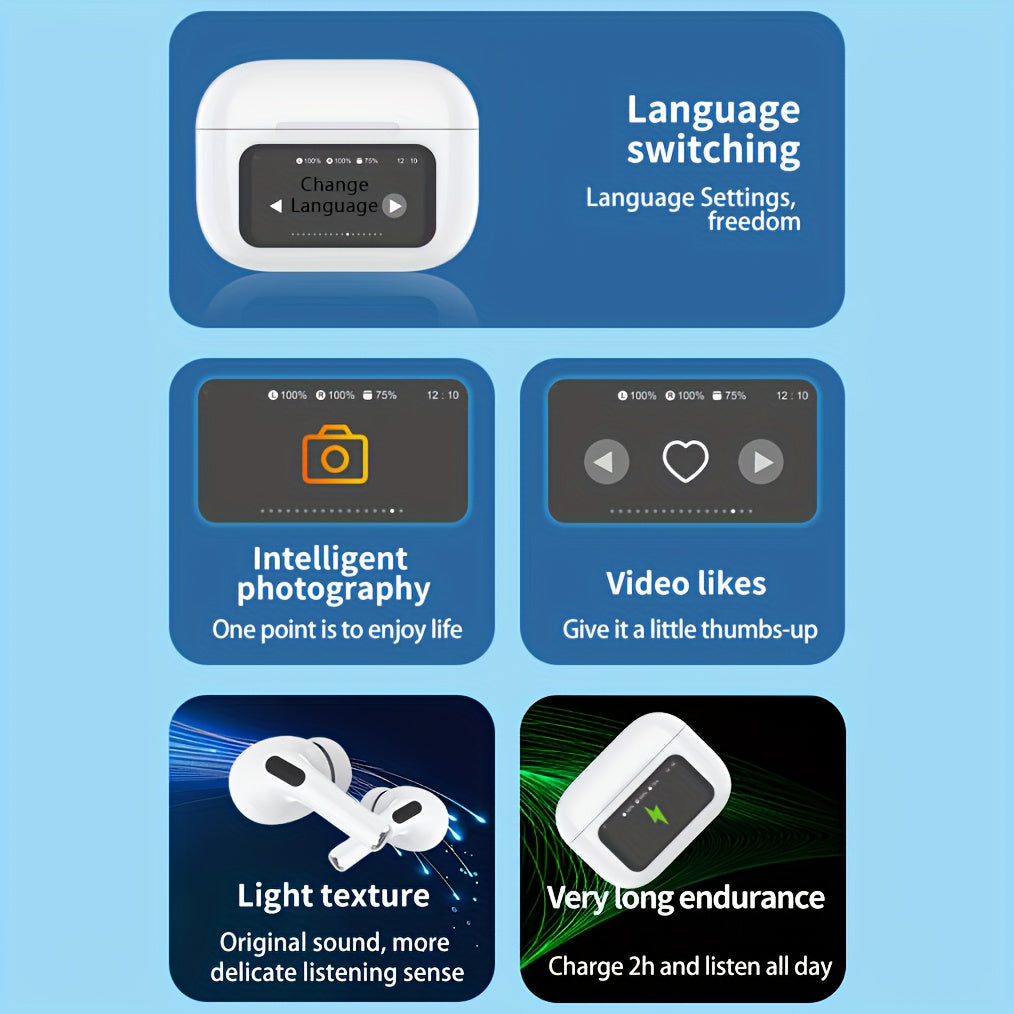 Smart Touch Screen Wireless Earbuds, True Wireless Earphones Noise Cancelling Earbud