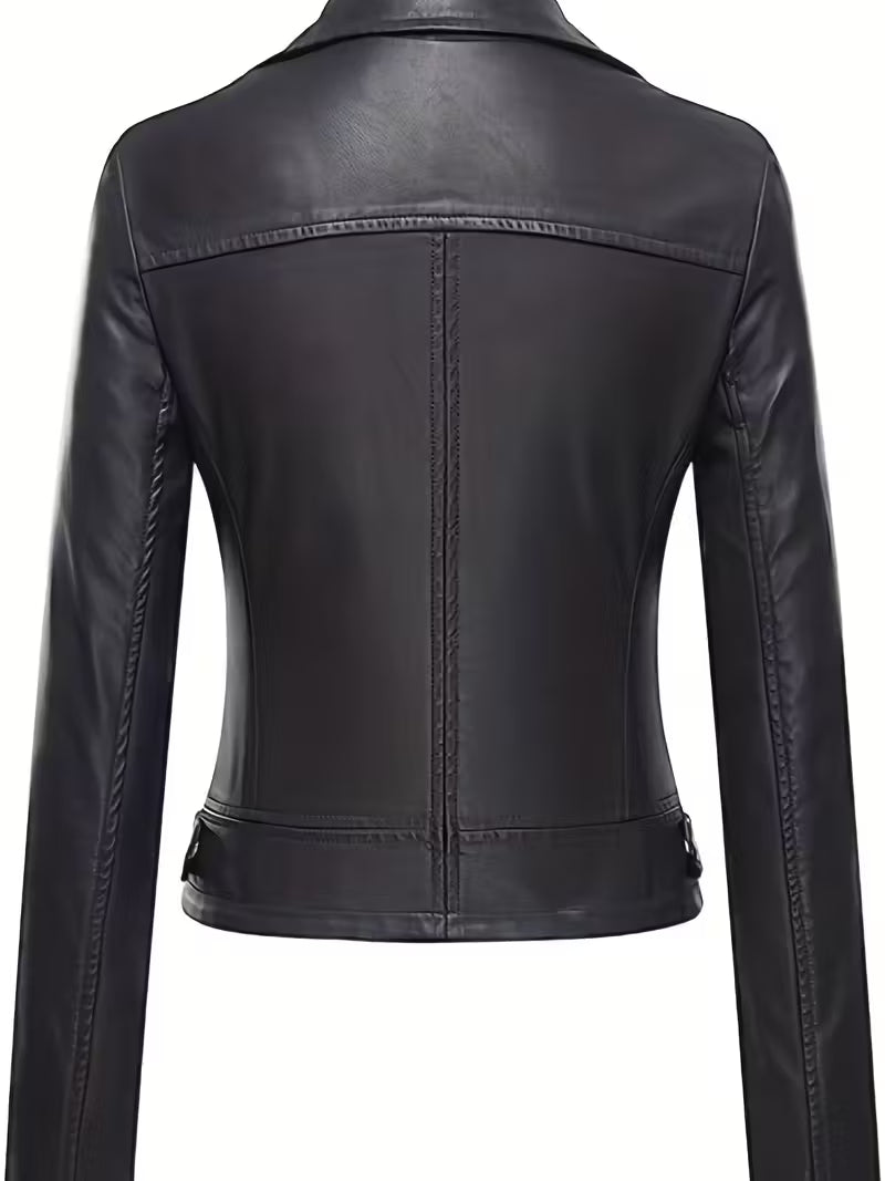 Women’s Black Elegant Leather Jacket – Zipper Details, Long Sleeve Fashion Outerwear