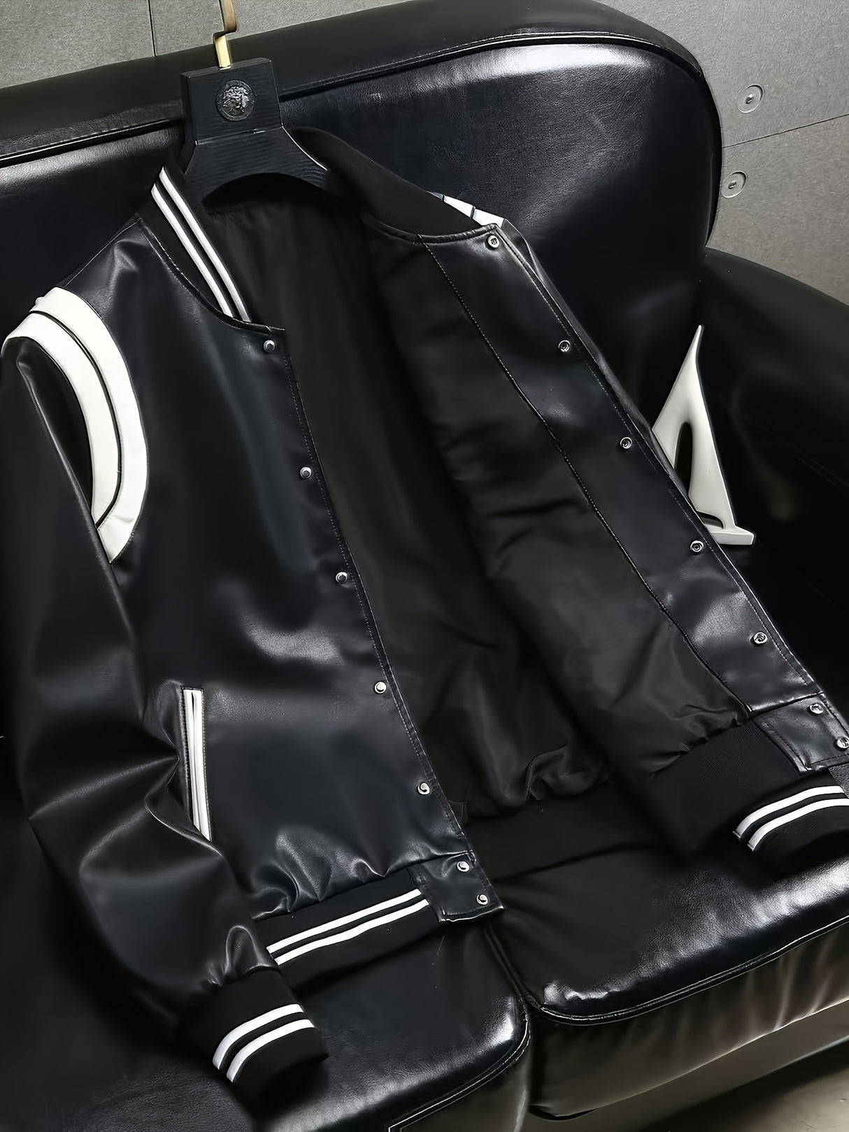 Men’s Leather Motorcycle Jacket – Color Block Stand Collar Baseball Coat