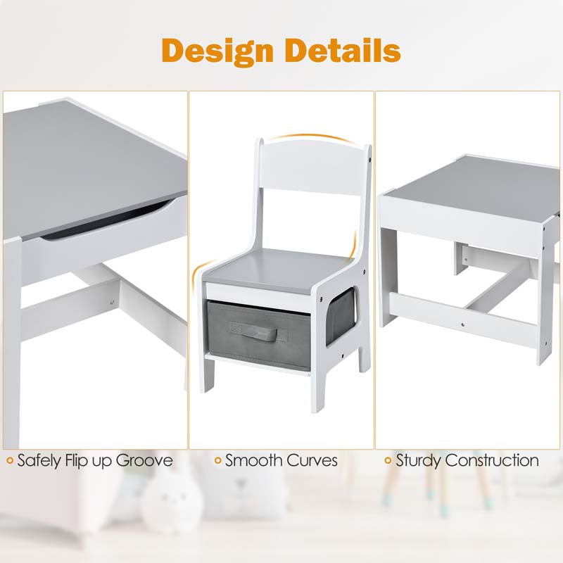 3-in-1 Kids Wood Table Chairs Set with Blackboard & Storage Drawers, Children Multi Activity Table for Learning Playing Drawing