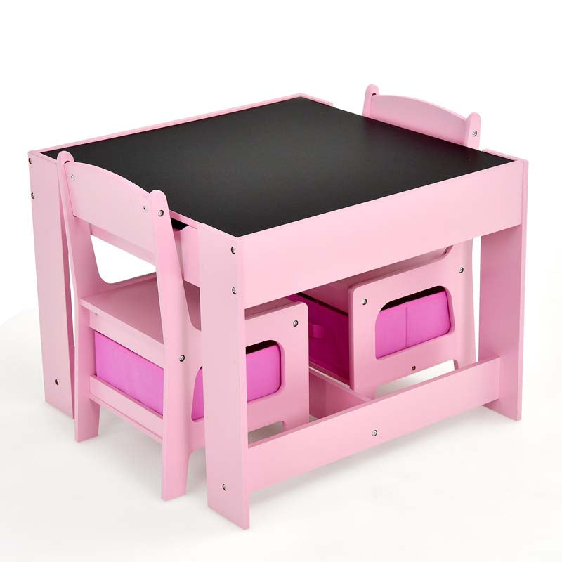 3-in-1 Kids Wood Table Chairs Set with Blackboard & Storage Drawers, Children Multi Activity Table for Learning Playing Drawing