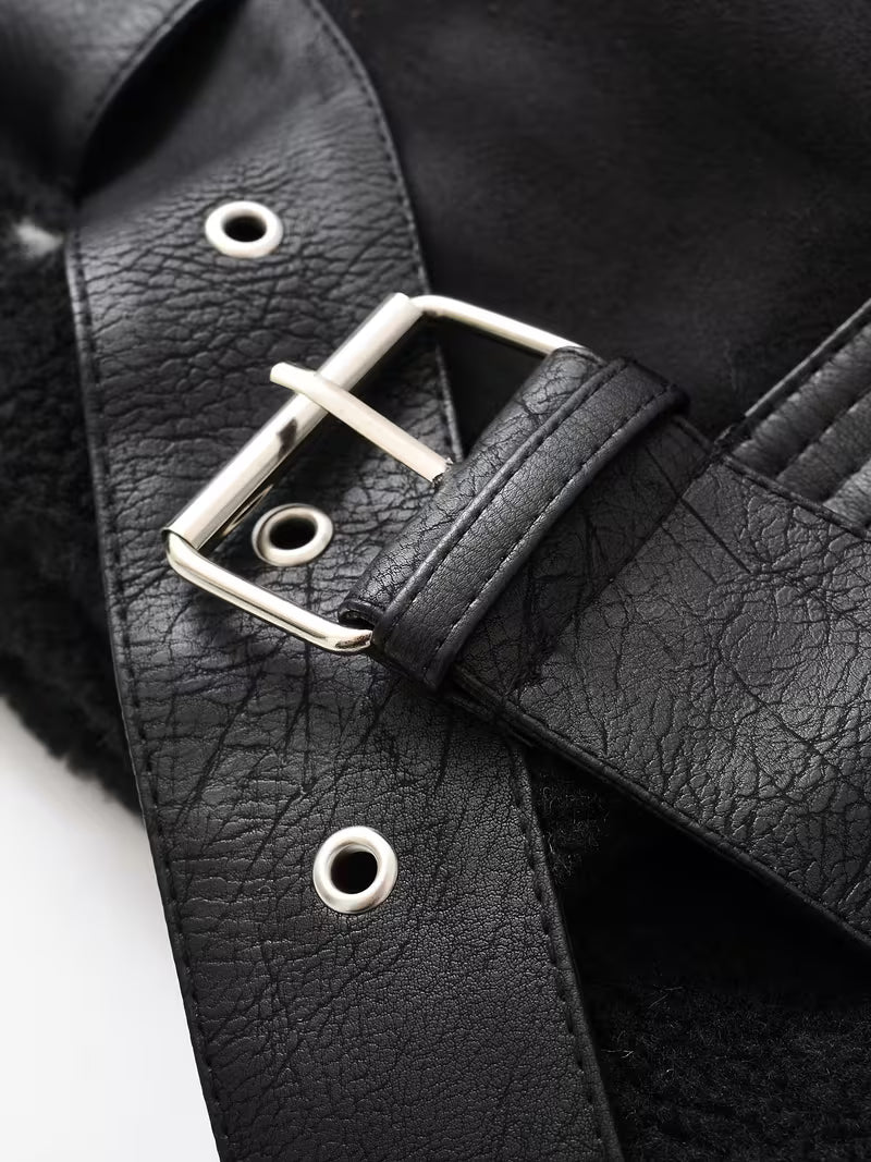 Women’s Retro Synthetic Leather Motorcycle Jacket – Fleece Lined Winter Coat