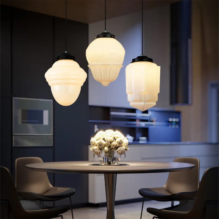 Geometric Milk Glass Pendant Light Fixture - Vintage White Design for Kitchen & Dining Room Lighting