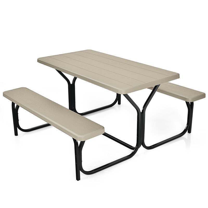 Outdoor Picnic Table Bench Set, All-Weather Dining Table Set, Metal Base Wood-Like Texture, Large Camping Table for Lawn Garden Backyard