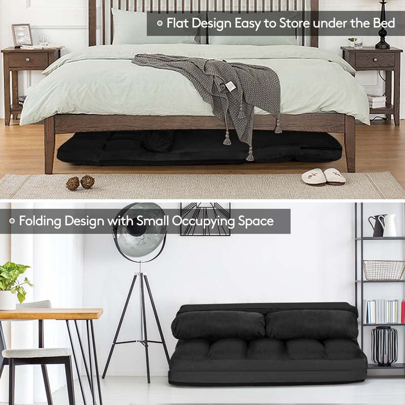 Floor Sofa 6-Position Adjustable, Foldable Lazy Sofa Sleeper Bed, Suede Cloth Cover, Floor Gaming Sofa Couch with 2 Pillows
