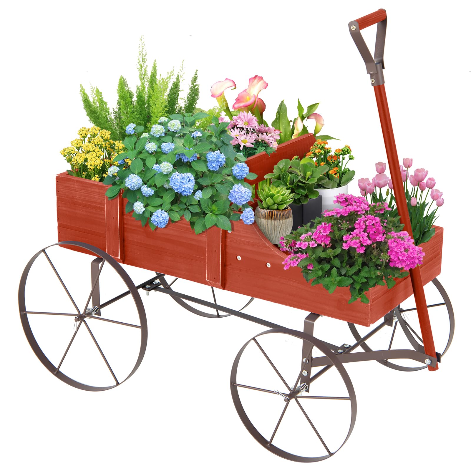 24.5" x 13.5" x 24" Wooden Wagon Planter, Decorative Garden Planter Box with 2 Planting Sections, Wheels, Handle, Small Decorated Cart