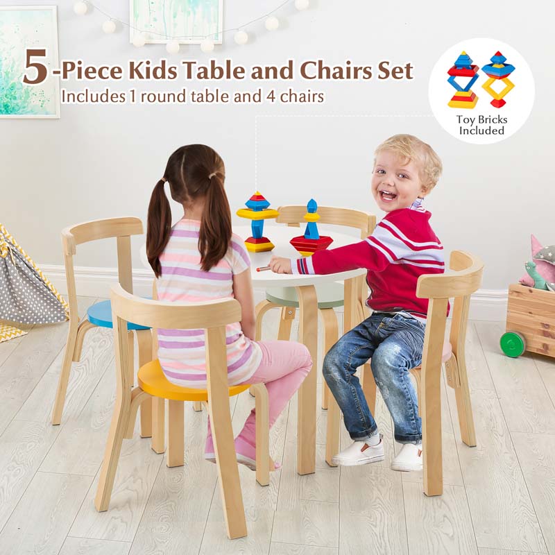 5-Piece Bentwood Kids Table & Chair Set, Toddler Activity Table with 4 Chairs, Toy Bricks, Classroom Playroom Daycare Furniture