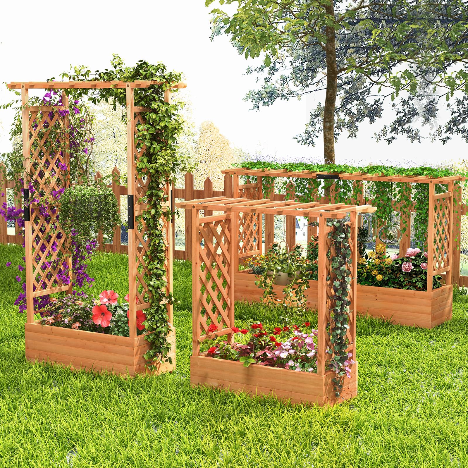 43.5"L x 17.5"W x 44"H Raised Garden Bed Planter Box with Trellis & Hanging Roof, Lattice Panel with Drainage Hole for Flower, Climbing Plant, Herb