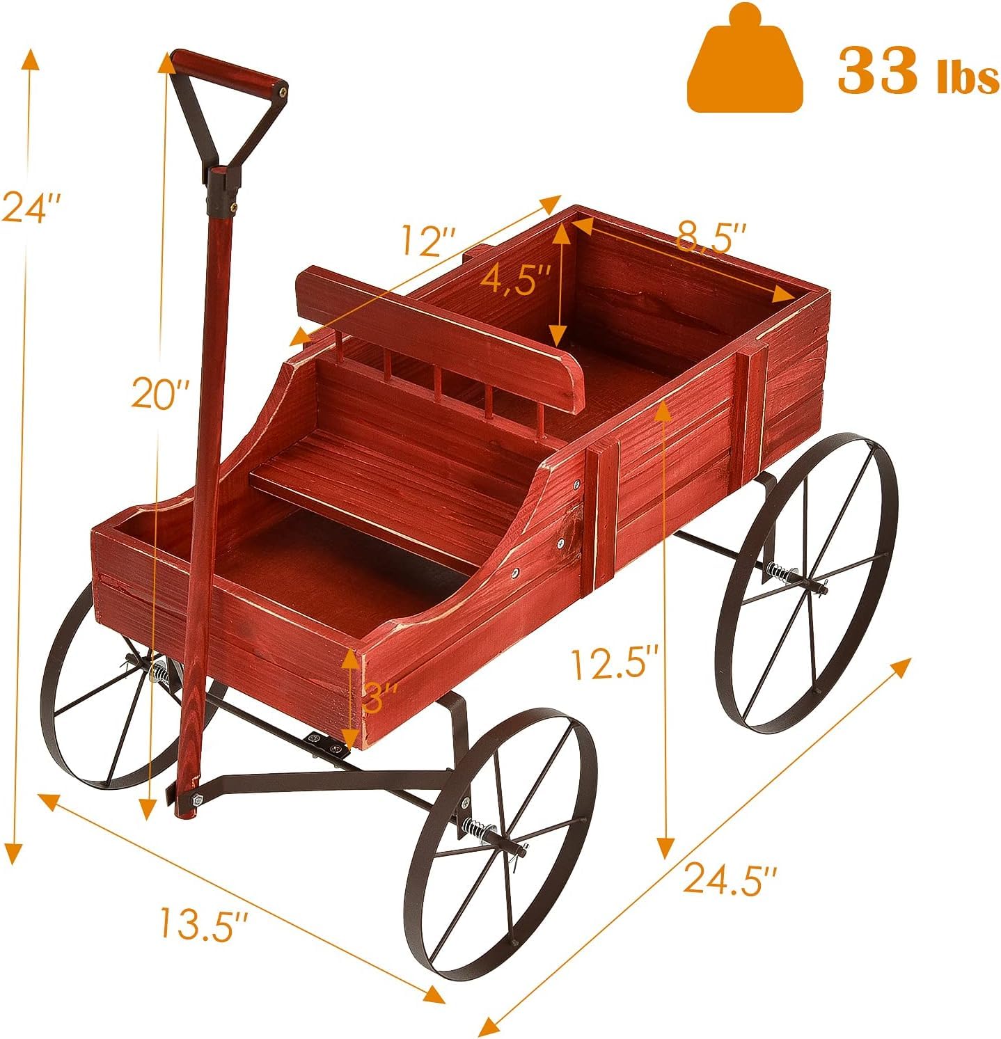 24.5" x 13.5" x 24" Wooden Wagon Planter, Decorative Garden Planter Box with 2 Planting Sections, Wheels, Handle, Small Decorated Cart