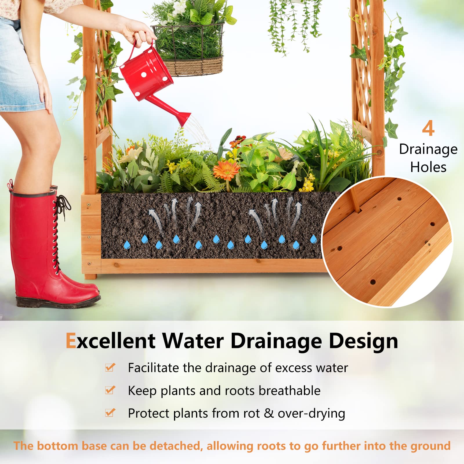 43.5"L x 17.5"W x 44"H Raised Garden Bed Planter Box with Trellis & Hanging Roof, Lattice Panel with Drainage Hole for Flower, Climbing Plant, Herb