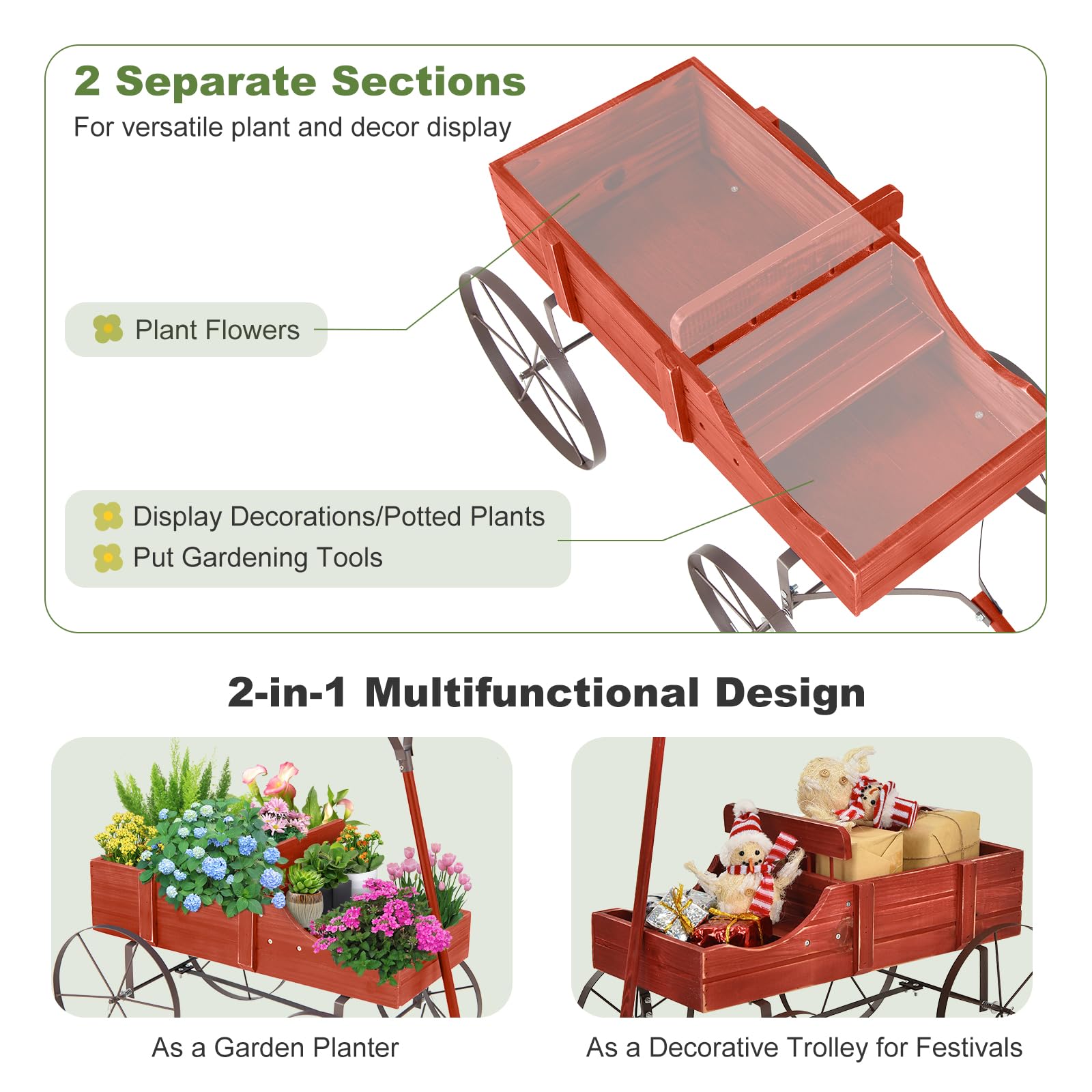 24.5" x 13.5" x 24" Wooden Wagon Planter, Decorative Garden Planter Box with 2 Planting Sections, Wheels, Handle, Small Decorated Cart