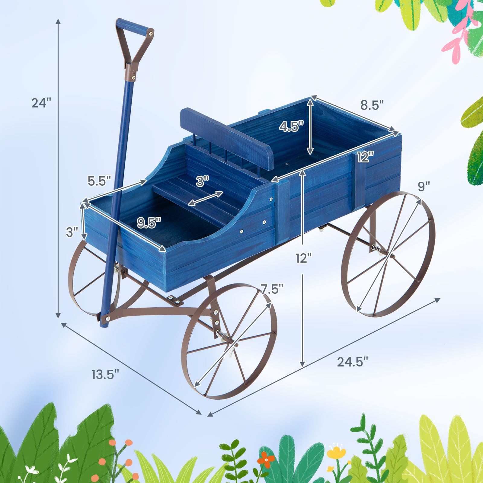 24.5" x 13.5" x 24" Wooden Wagon Planter, Decorative Garden Planter Box with 2 Planting Sections, Wheels, Handle, Small Decorated Cart