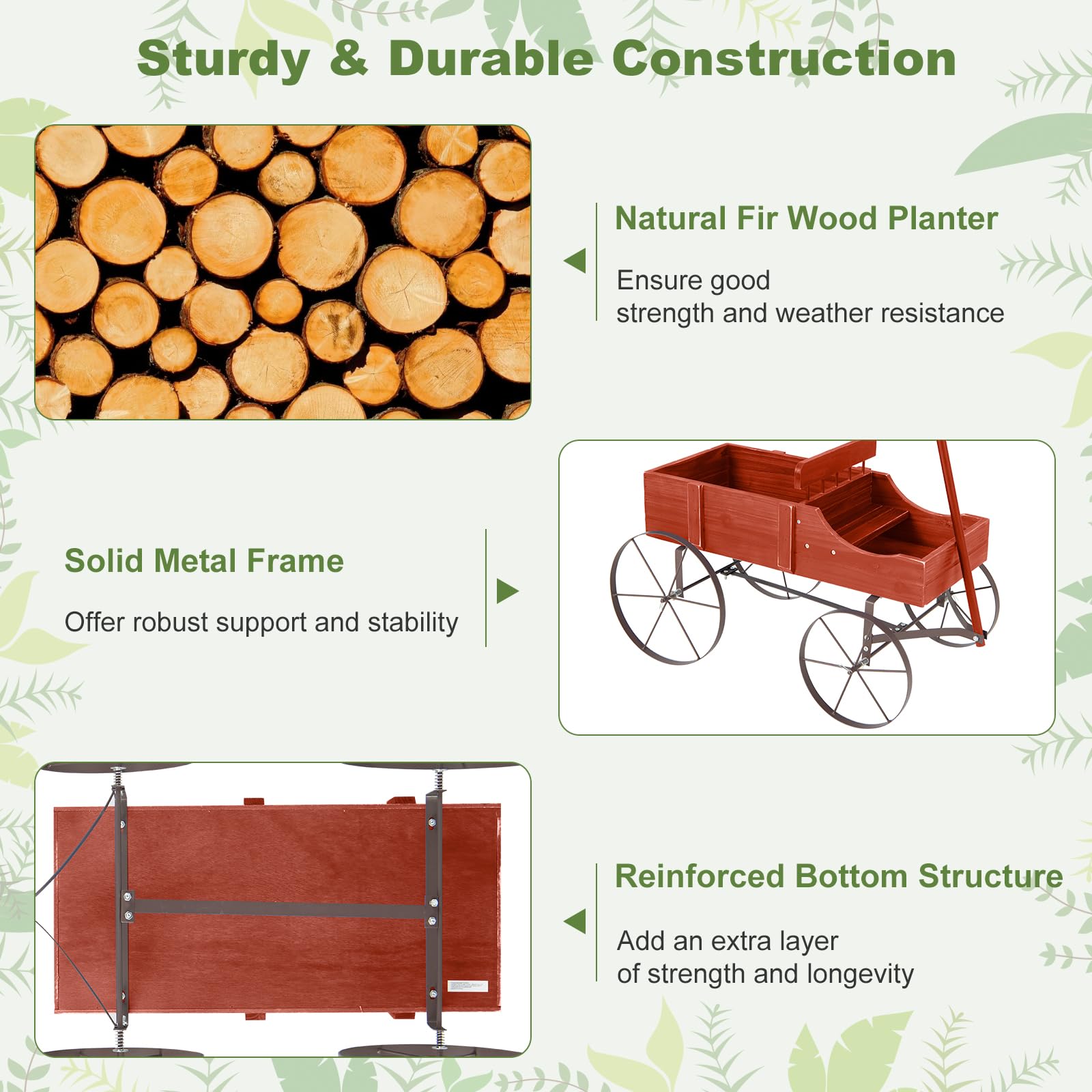 24.5" x 13.5" x 24" Wooden Wagon Planter, Decorative Garden Planter Box with 2 Planting Sections, Wheels, Handle, Small Decorated Cart