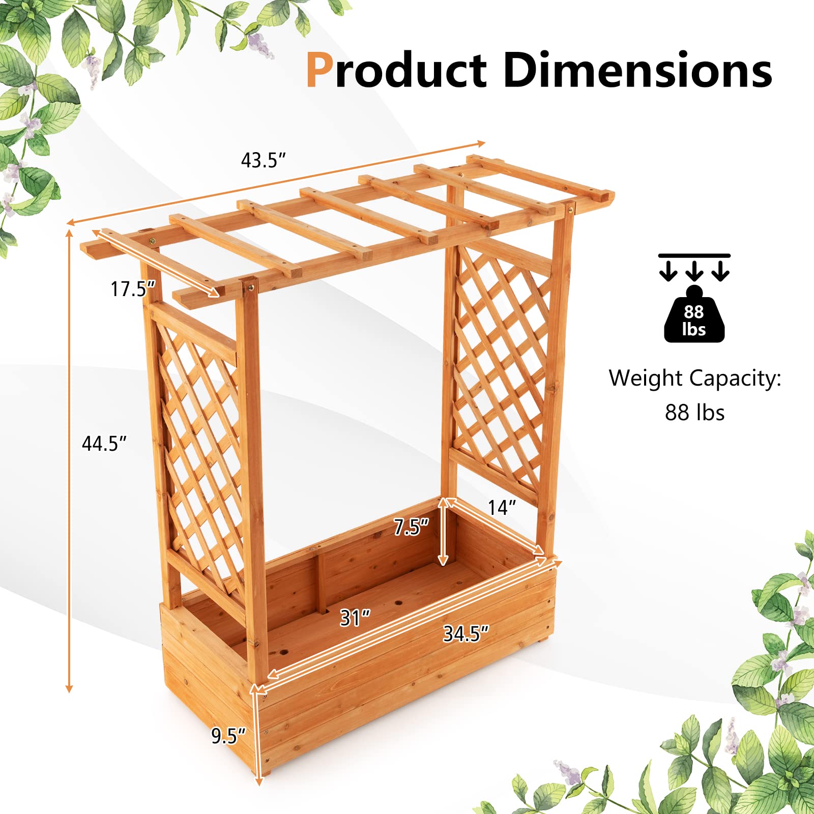 43.5"L x 17.5"W x 44"H Raised Garden Bed Planter Box with Trellis & Hanging Roof, Lattice Panel with Drainage Hole for Flower, Climbing Plant, Herb