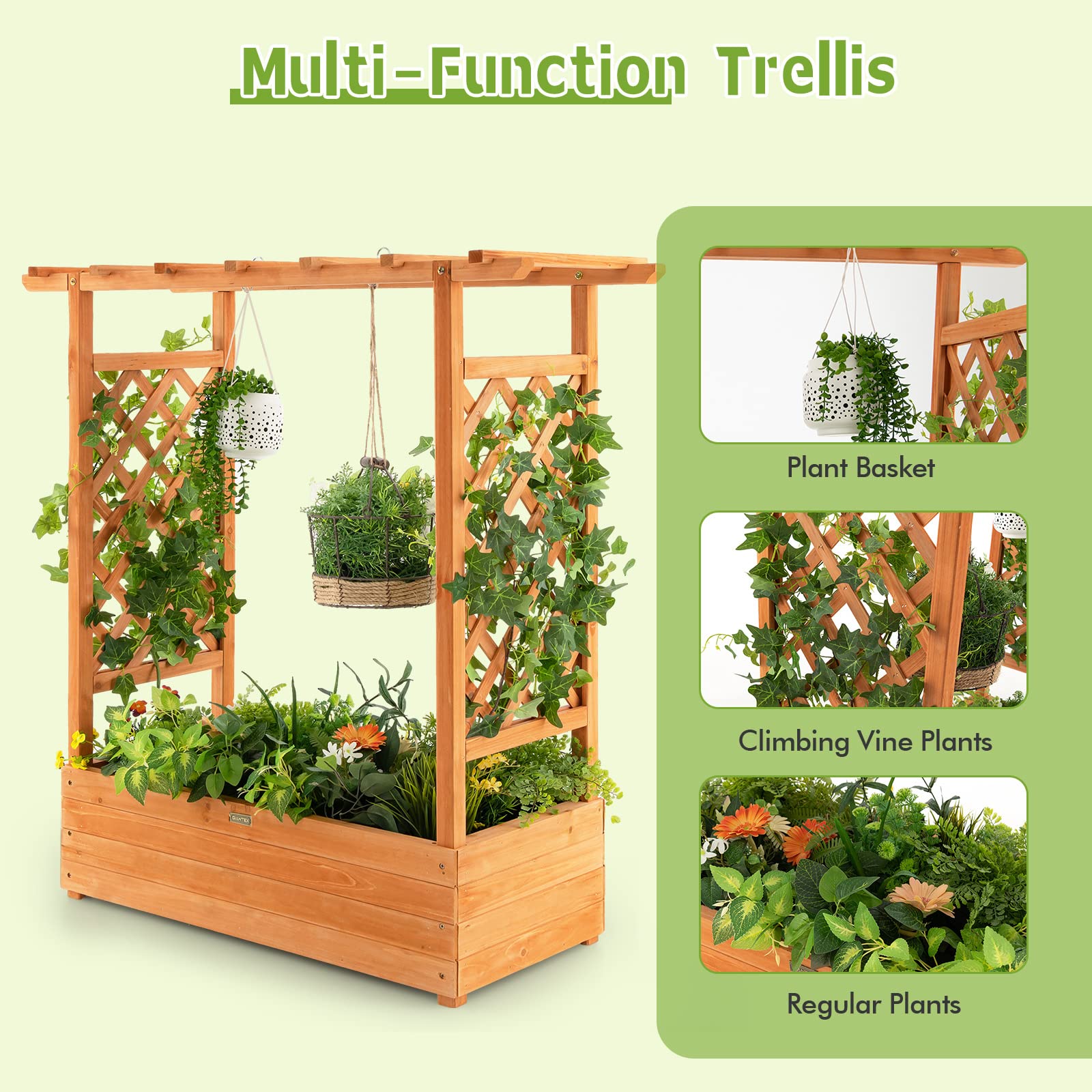 43.5"L x 17.5"W x 44"H Raised Garden Bed Planter Box with Trellis & Hanging Roof, Lattice Panel with Drainage Hole for Flower, Climbing Plant, Herb