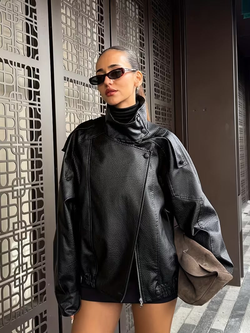 Women’s Retro Bomber Jacket – H-Line Loose Fit Zip-Up Black Outerwear