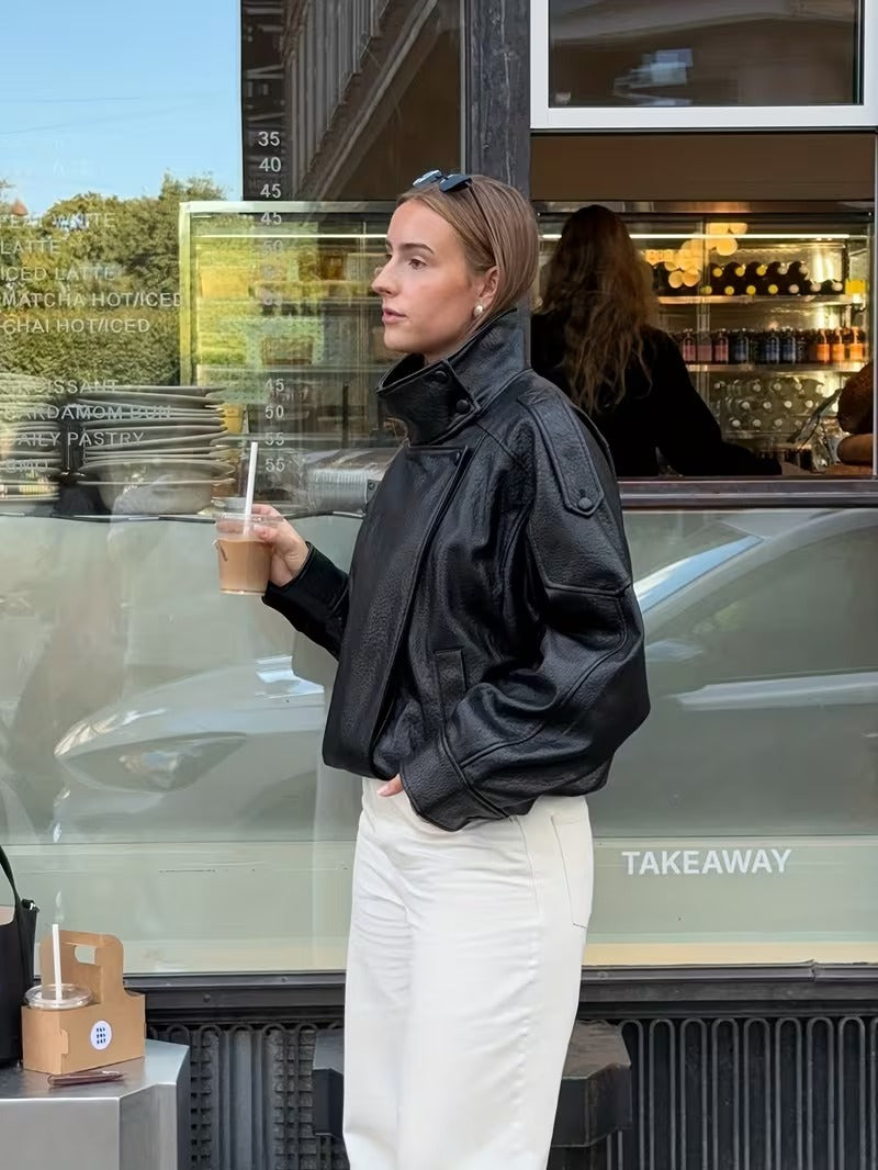 Women’s Retro Bomber Jacket – H-Line Loose Fit Zip-Up Black Outerwear