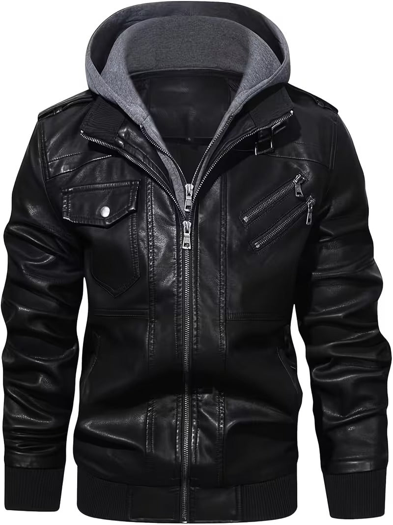 Titan Men’s Vintage Leather Moto Biker Jacket with Hood