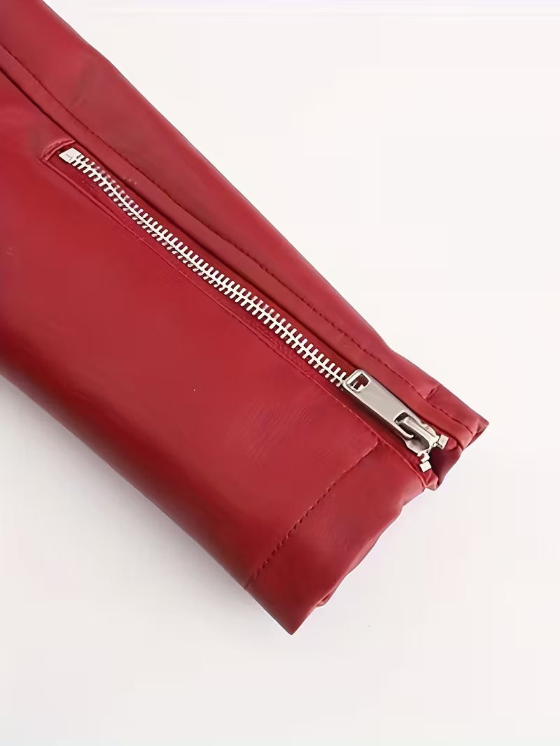 Women’s Leather Biker Jacket – Short Moto Coat with Stand Collar