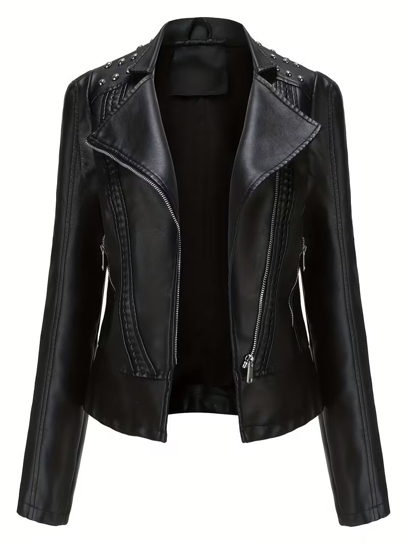 Women’s Leather Biker Jacket – Short Moto Coat with Stand Collar