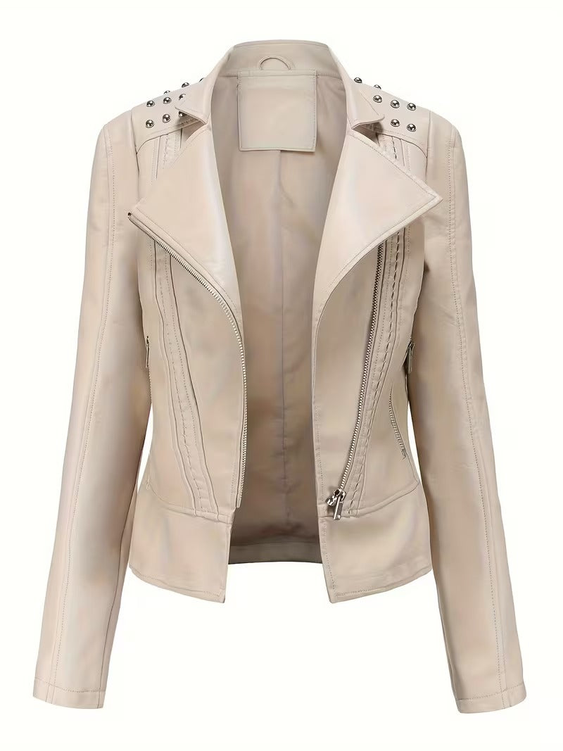 Women’s Leather Biker Jacket – Short Moto Coat with Stand Collar
