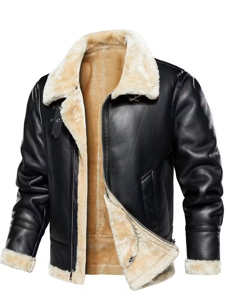 Men’s Leather Biker Jacket – Warm Lined Moto Coat for Winter
