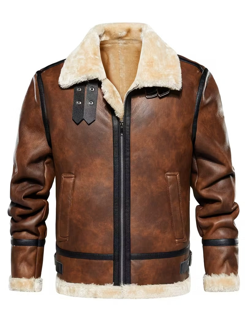 Men’s Leather Biker Jacket – Warm Lined Moto Coat for Winter