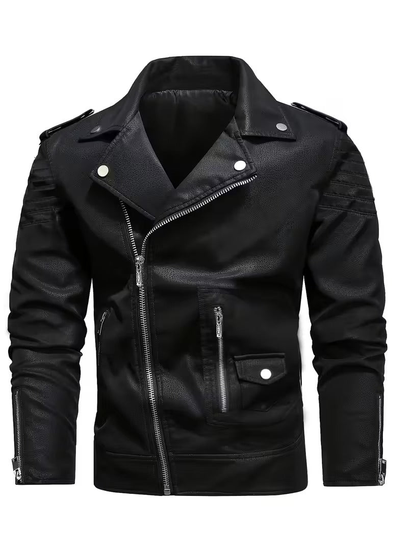 Men’s Black Leather Motorcycle Jacket – Windproof Full-Zip Biker Coat