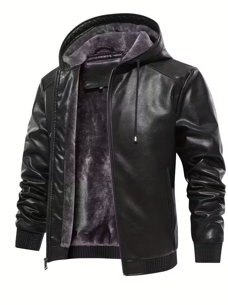 Men’s Vintage Leather Hooded Jacket – Tear-Resistant & Cozy Winter Coat