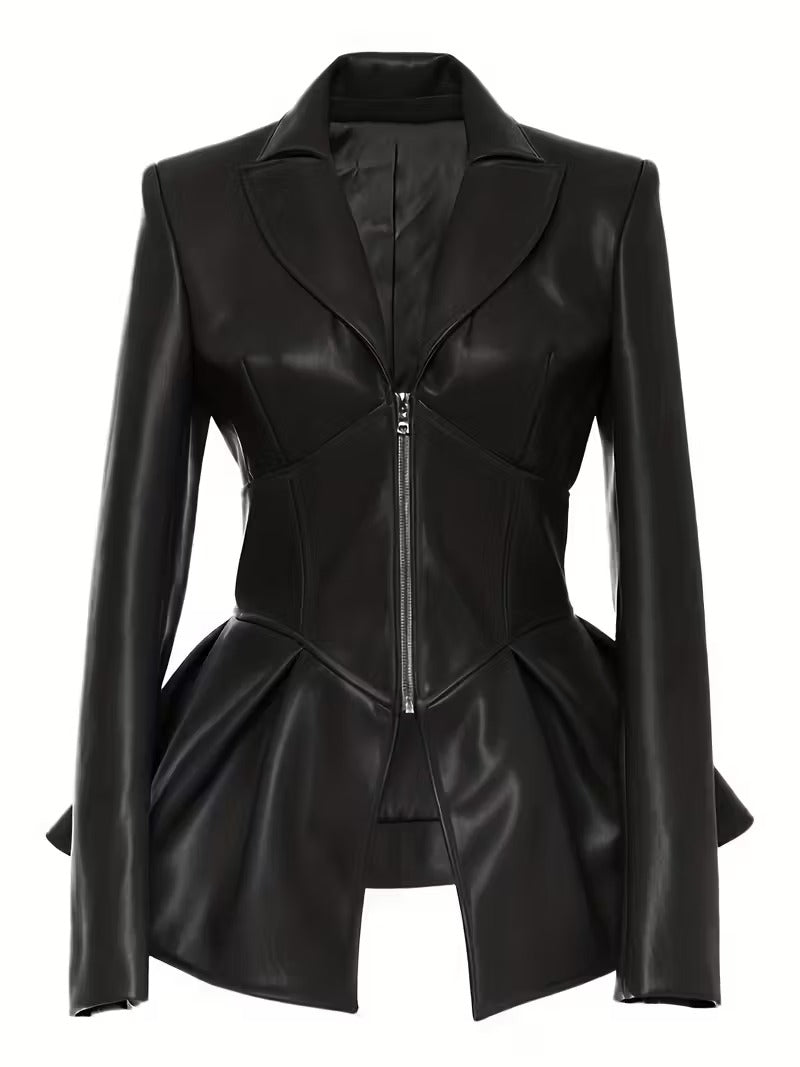 Women’s Black Leather Blazer – Fitted Peplum Jacket for Office & Street Style