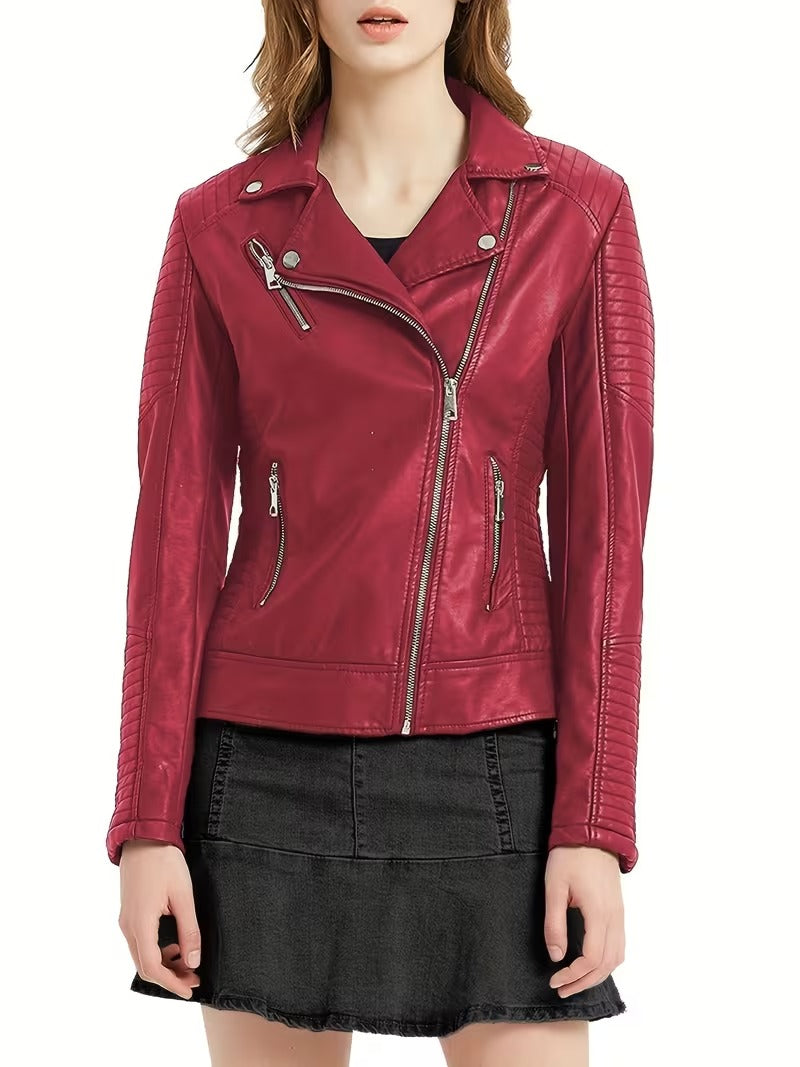 Women’s Leather-Look Short Motorcycle Jacket – Casual & Versatile Coat